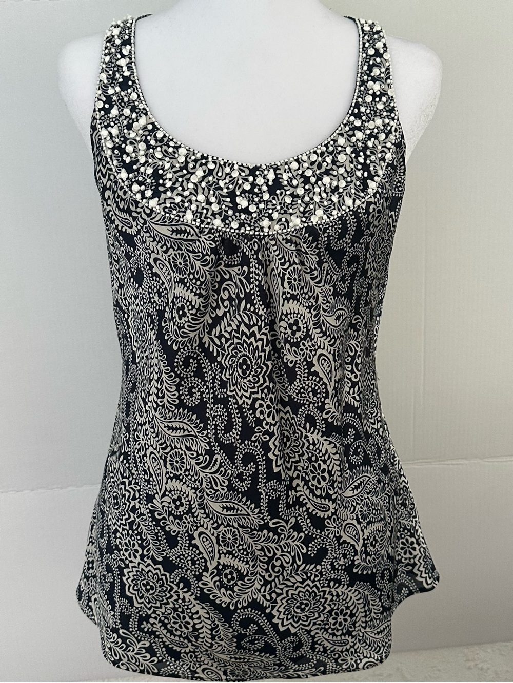 Black & White Paisley Beaded Scoop Neck Blouse